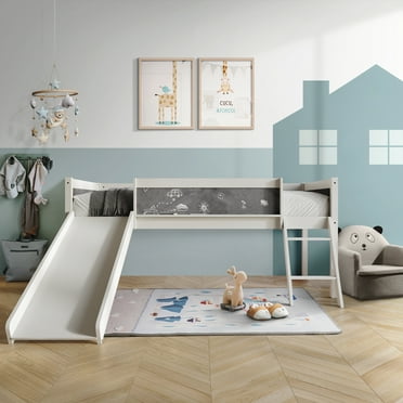 Castle Place Wooden Twin Junior Loft Bed with Chalkboard and Slide, White