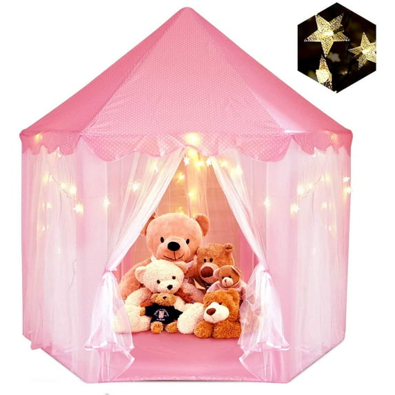 Castle Princess Tents for Little Girls with Lights, Girls Fairy Castle Play Tents Kids Play Tents for Indoor and Outdoor Play, Relaxation and Creative Space Pink