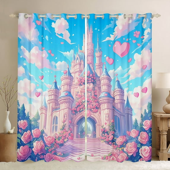 Castle Print Curtains Romantic Themed 30%-50% Blackout Curtains Cute Cartoon Castle Bedroom Curtains Princess Themed Decor Window Curtains Pink Floral Curtains for Teens,84"Wx90"L