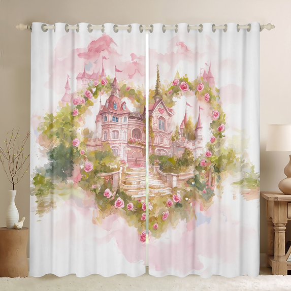 Castle Print Curtains Pink Castle Decor 30%-50% Blackout Curtains Romantic Themed Bedroom Curtains Princess Themed Decor Window Curtains Nature Rustic Floral Curtains,84"Wx84"L