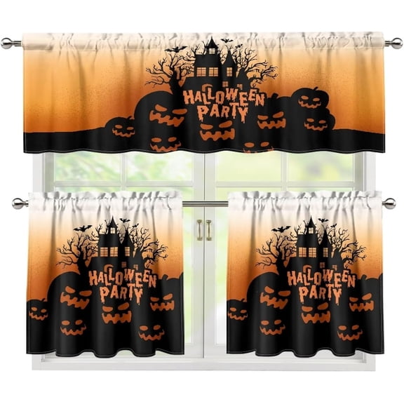 Castle Pumpkin Halloween Kitchen Curtains Sets for Windows Kitchen Window Curtains Over Sink with Valance and Tier Sets Rod Pocket Window Tiers Set of 3