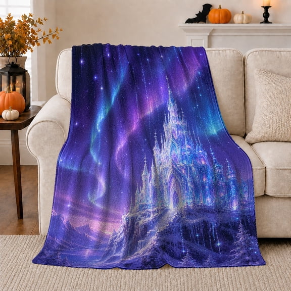 Castle under Purple Aurora Sky, Magical Fantasy Style for Celestial Art Lovers, Enchanted Night Palace Scene and Christmas Gift, Cozy Flannel Blanket for Bedroom and Reading Nook, Home Decor