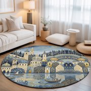 Castle River 3 Round Rug for Bathroom Accent Bedside Corner, Vintage Boho Ethnic Urban Blue Gold Gray Starry Sky Washable Non Slip Circle Area Rug for Small Spaces