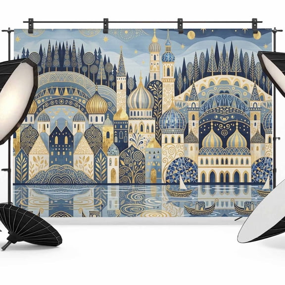Castle River Backdrops for Photography, Vintage Boho Ethnic Urban Blue Gold Gray Starry Sky Fabric Photo Background Sturdy Studio Props for Photo Studio, Video Recording, Booth & Photoshoot 7x5ft
