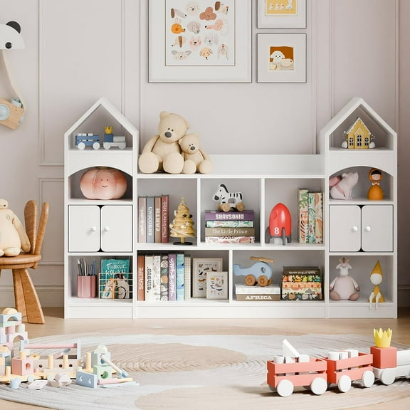 Castle Shape Children's Bookshelf, Kids Bookcase Display Case Kids Toy Storage Organizer Multifunctional Storage Cabinet Bookshelf Suitable for Playroom, Children's Room, Living Room, White