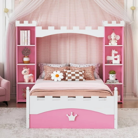 Castle-Shaped Wooden Bed with Storage Shelf, Dreamy Twin Size Platform Bed, White + Pink