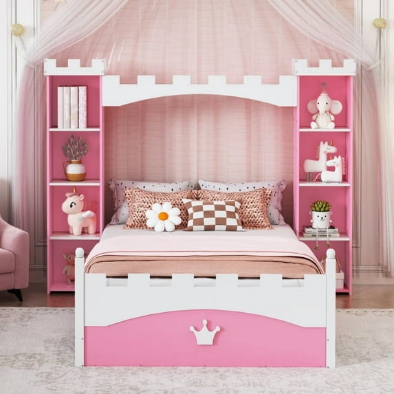 Castle-Shaped Wooden Bed with Storage Shelf, Dreamy Twin Size Platform Bed, White + Pink