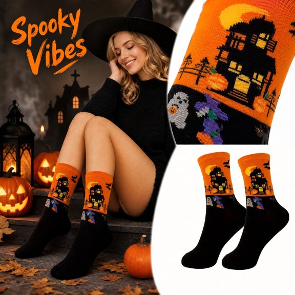Castle & Skull Printed Casual Mid-Calf Halloween Socks, Sweat-Absorbent Spooky Pumpkin & Witch Crew Socks for Women & Men Festive Party