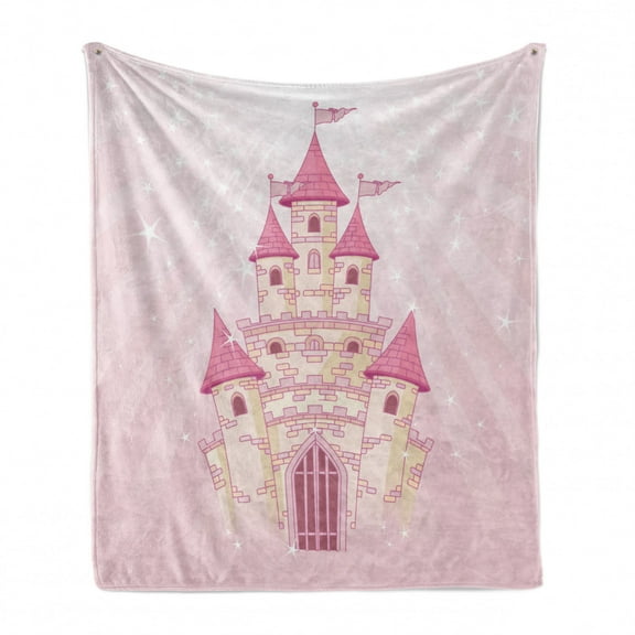 Castle Soft Flannel Fleece Throw Blanket, Wonder Tale Princess Fortress Palace Cartoon Childish Fun Illustration, Cozy Plush for Indoor and Outdoor Use, 50" x 60", Rose and Pale Mustard, by Ambesonne
