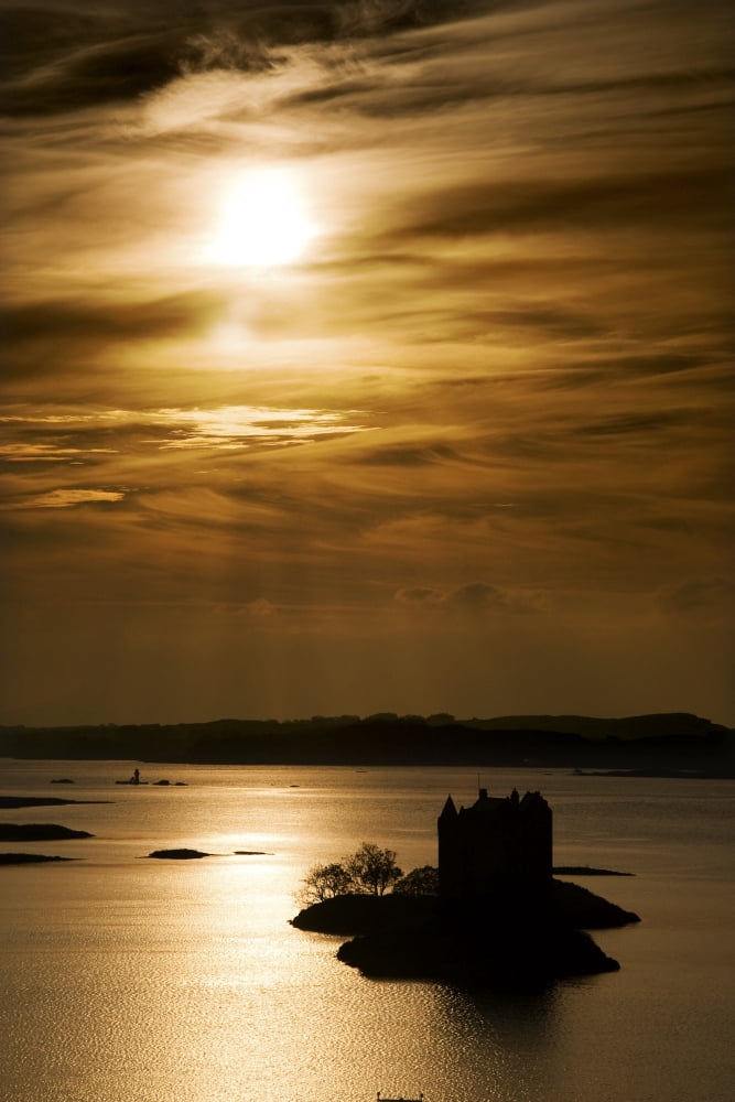 Castle Stalker At Sunset Loch Laich Scotland Canvas Art - John Short Design Pics (11 x 17)