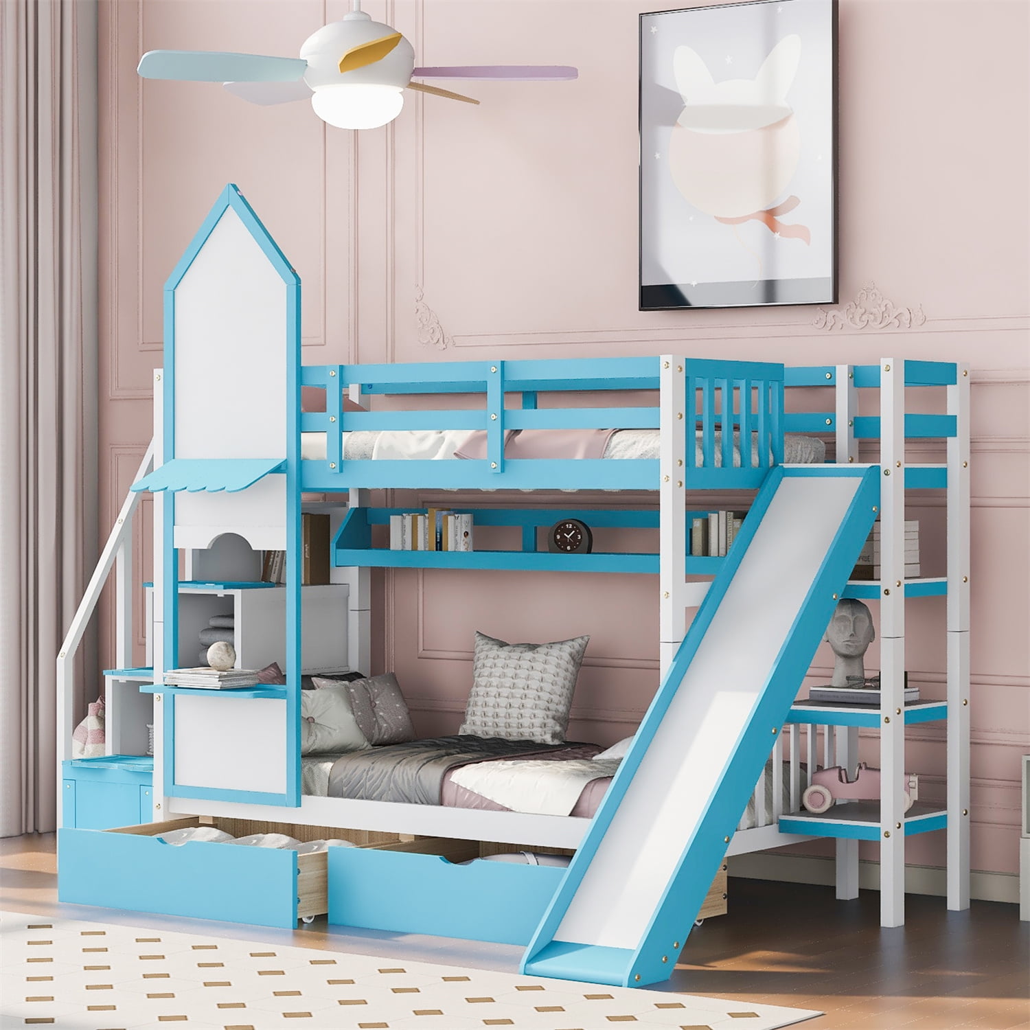 Castle Style Bunk Bed, Twin Over Twin Bunk Bed with 2 Drawers and 3 ...