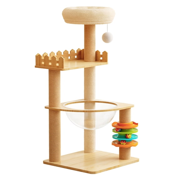 Castle Style Multi-Level 39.3in Cat Tree with Transparent Hammock and Bell Toy, Natural Wood