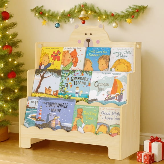 Kids Wooden 3-Tier Bookshelf with Scalloped Edges, Front-Facing Book Display, Montessori Toddler Book Rack & Book Shelves for Kids Room, Nursery, Bedroom, Classroom