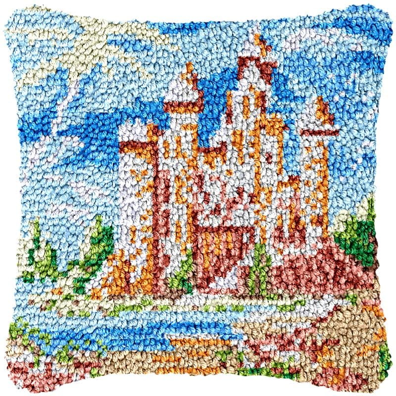 Castle View Latch Hook Pillow Cover Kits for DIY Handmade Throw Pillow Cross Stitch Latch Hook Pillowcase Rug Kits with Preprinted Color Pattern Canvas Crochet Yarn Kits 17''X 17''(ch98)
