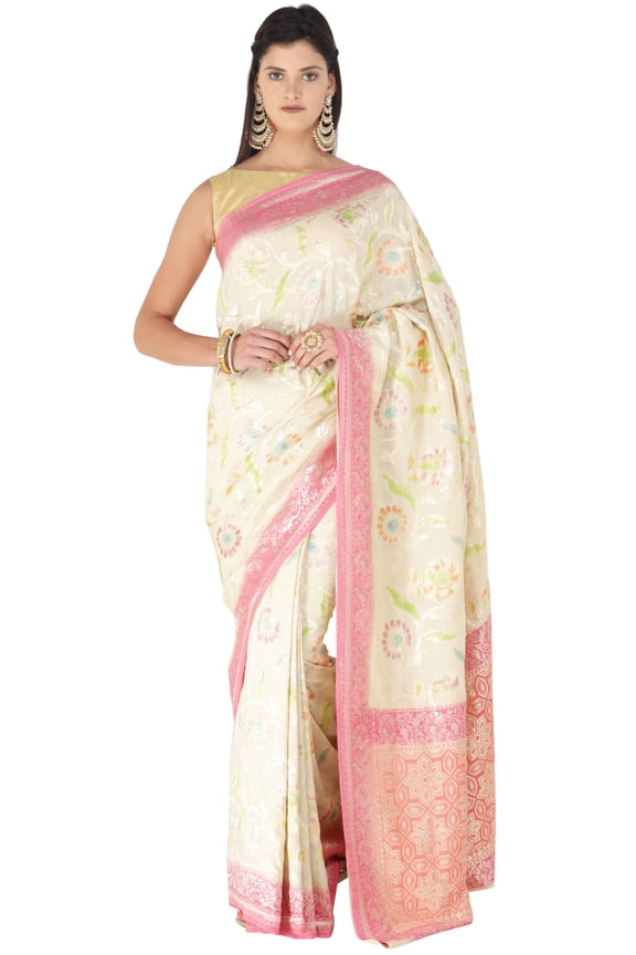 Castle-Wall Handloom Banarasi Sari with Brocaded Floral Motifs All-over and Heavy Pallu