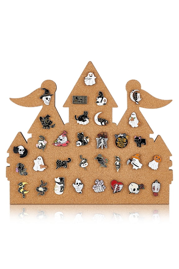 Castle Wall Mounted Brooch Jewelry Display Cork Tray Wooden Enamel Pins Collection Display Board Holder Tan 28x33x1.6cm