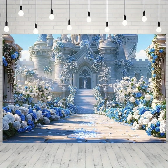 Castle Wedding Backdrop Blue White Roses Bridal Shower Photography Background Floral Pathway Engagement Baby Shower Birthday Party Decorations Banner Supplies Photo Booth Props