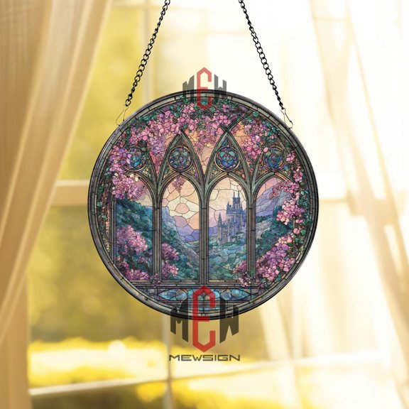 Castle Window Stained Glass Suncatcher, Round Gothic Arch Floral Panel, Fantasy Landscape Glass Art Home Decor Gift