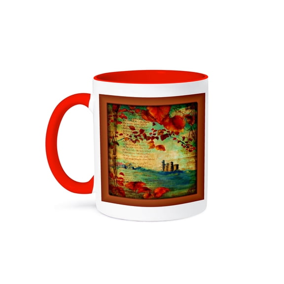 3dRose, Castle and Leaves in Medieval Book, 15oz Two-Tone Red Mug