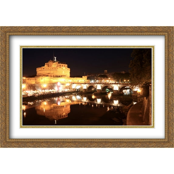 Castle and Ponte Sant'Angelo, Rome 2x Matted 40x28 Large Gold Ornate Framed Art Print by The Cityscape Art Print Series