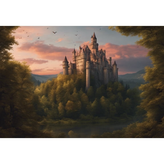 Castle in A Forest at Sunset Matte Painting - 12" x 18" Art Print Wall Decor