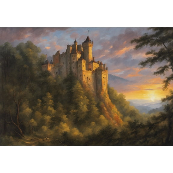 Castle in A Forest at Sunset Painting - 12" x 18" Art Print Wall Decor