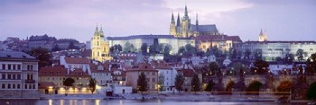 Castle lit up at dusk Hradcany Castle Prague Czech Republic Canvas Art - Panoramic Images (18 x 6)