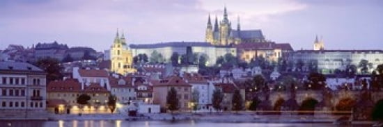 Castle lit up at dusk Hradcany Castle Prague Czech Republic Canvas Art - Panoramic Images (36 x 12)