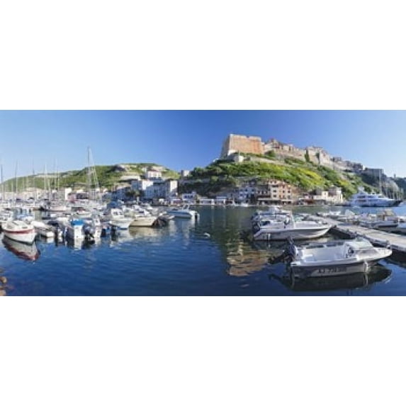 Castle on a hill, Bonifacio Harbour, Corsica, France Poster Print (12 x 6)