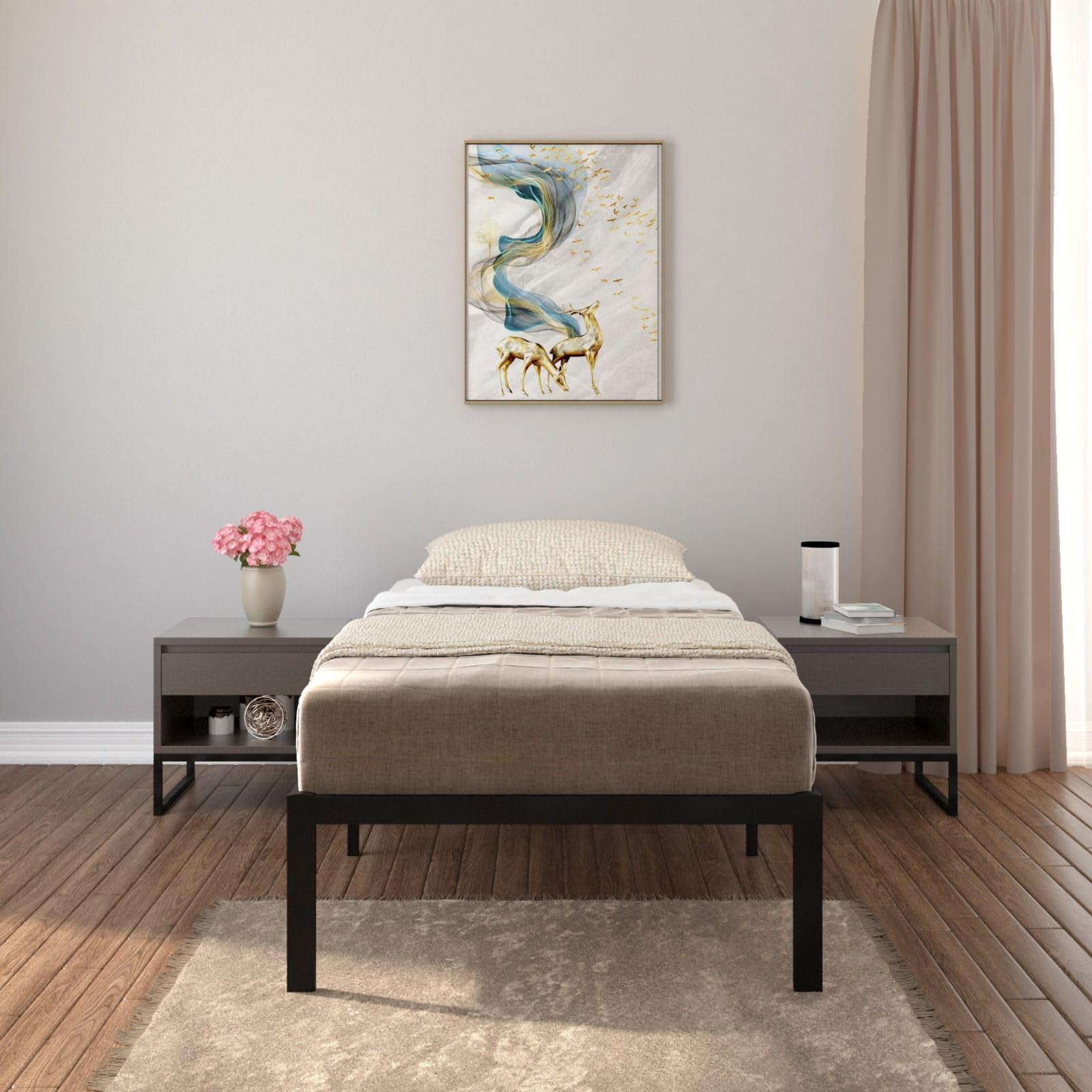 CastleBeds Minimalistic Twin Metal Platform Bed Frame with Storage and Steel Slat Support