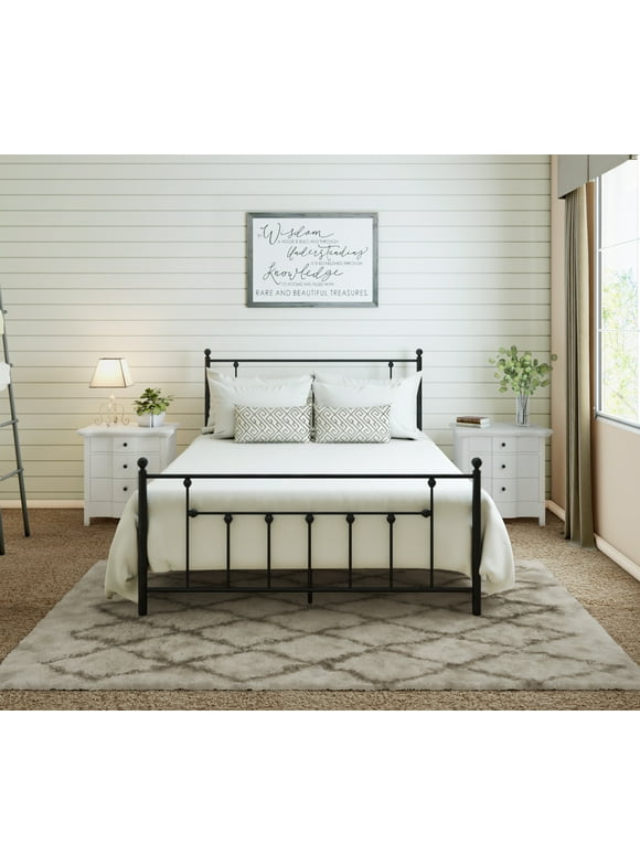 CastleBeds Victorian Queen Metal Bed Frame with Headboard and Footboard | Wrought Iron | Solid Sturdy Metal Slat | Black | No Box Spring Needed | Mattress Foundation | Under Bed Storage | AMBEE21