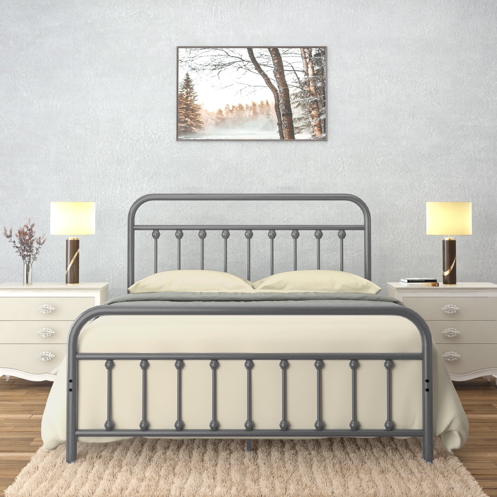 Ambee21 Vintage Queen Bed Frame Victorian Wrought Iron Rustic Gray No Box Spring Needed
