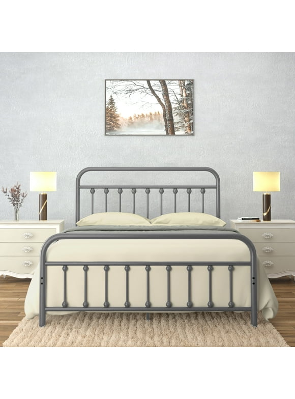 CastleBeds Vintage Queen Metal Bed Frame with Headboard and Footboard Platform | Wrought Iron | Heavy Duty | Solid Sturdy Metal Slat | Rustic Gray Silver | No Box Spring Needed | AMBEE21