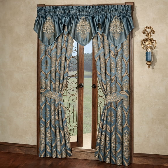 Castleton Classic Damask Medallion Window Set, Steel Blue, 3 Ascot Valances & 95L Curtains