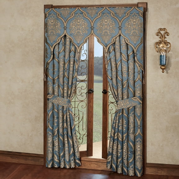 Castleton Classic Damask Medallion Window Set, Steel Blue, Contour Valance & 95L Curtains