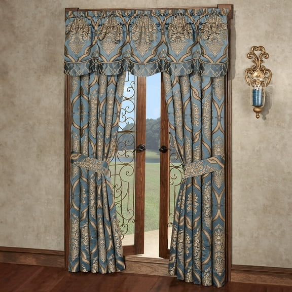 Castleton Classic Damask Medallion Window Set, Steel Blue, Scallop Valance & 84L Curtains
