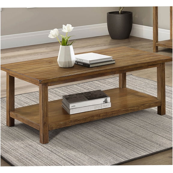 Castleton Distressed Brown Wood Coffee Table with Lower Shelf, Farmhouse Style Storage Console Table for Living Room
