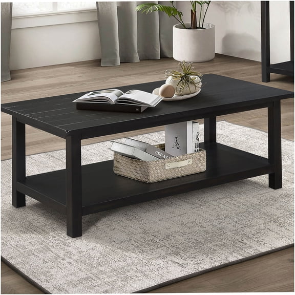 Castleton Distressed Java Wood Coffee Table with Shelf, Rustic Farmhouse Style Living Room Center Table with Storage