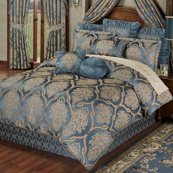 Castleton Traditional Damask Medallion Bedding, Steel Blue & Gold, 4-pc King Comforter Set