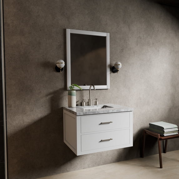 Castor 30 in W White Single Bath Vanity Carrara Marble Top and 28 in Mirror