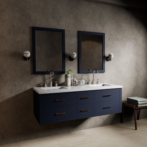 Castor 60 in W Blue Double Bath Vanity, Cultured Marble Top, Faucet Set, and 28 in Mirrors