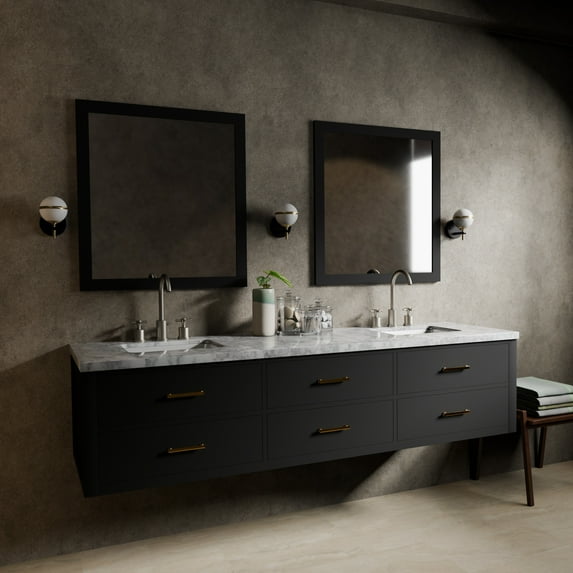 Castor 80 in W Black Double Bath Vanity, Carrara Marble Top, Faucet Set, and 36 in Mirrors