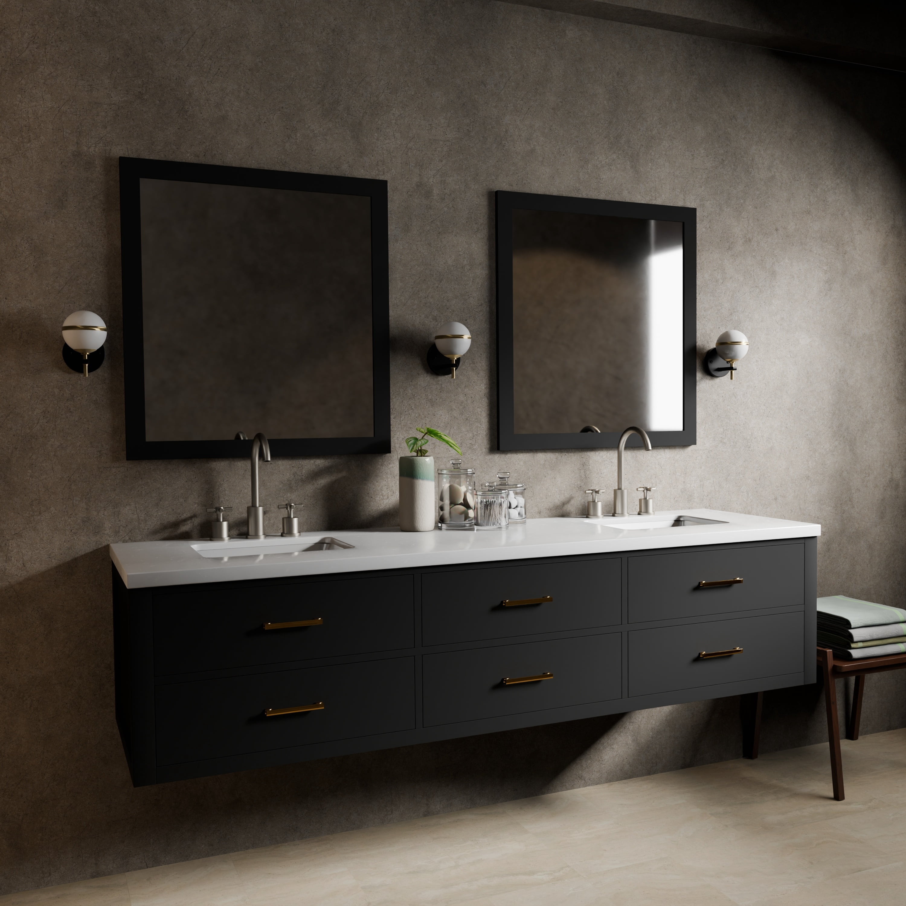 Castor 80 in W Black Double Vanity, Cultured Marble Top, Faucet Set