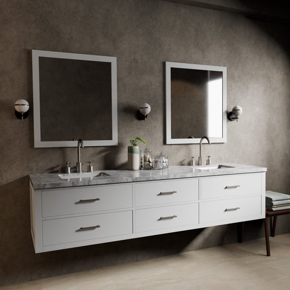 Castor 84 in W White Double Bath Vanity, Carrara Marble Top, and 36 in Mirrors