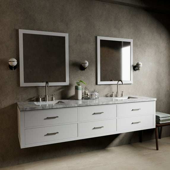 Castor 84 in W White Double Bath Vanity and Carrara Marble Top