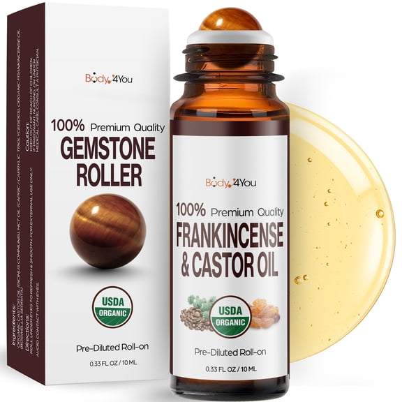 Castor Oil Frankincense Essential Oil Roll On for Face Eyebrows Under Eye - 100% Pure USDA Organic MCT Coconut - appearance of dark circles Fine Lines Facial Skin Care Serum - Gemstone Roller 10ml Tr