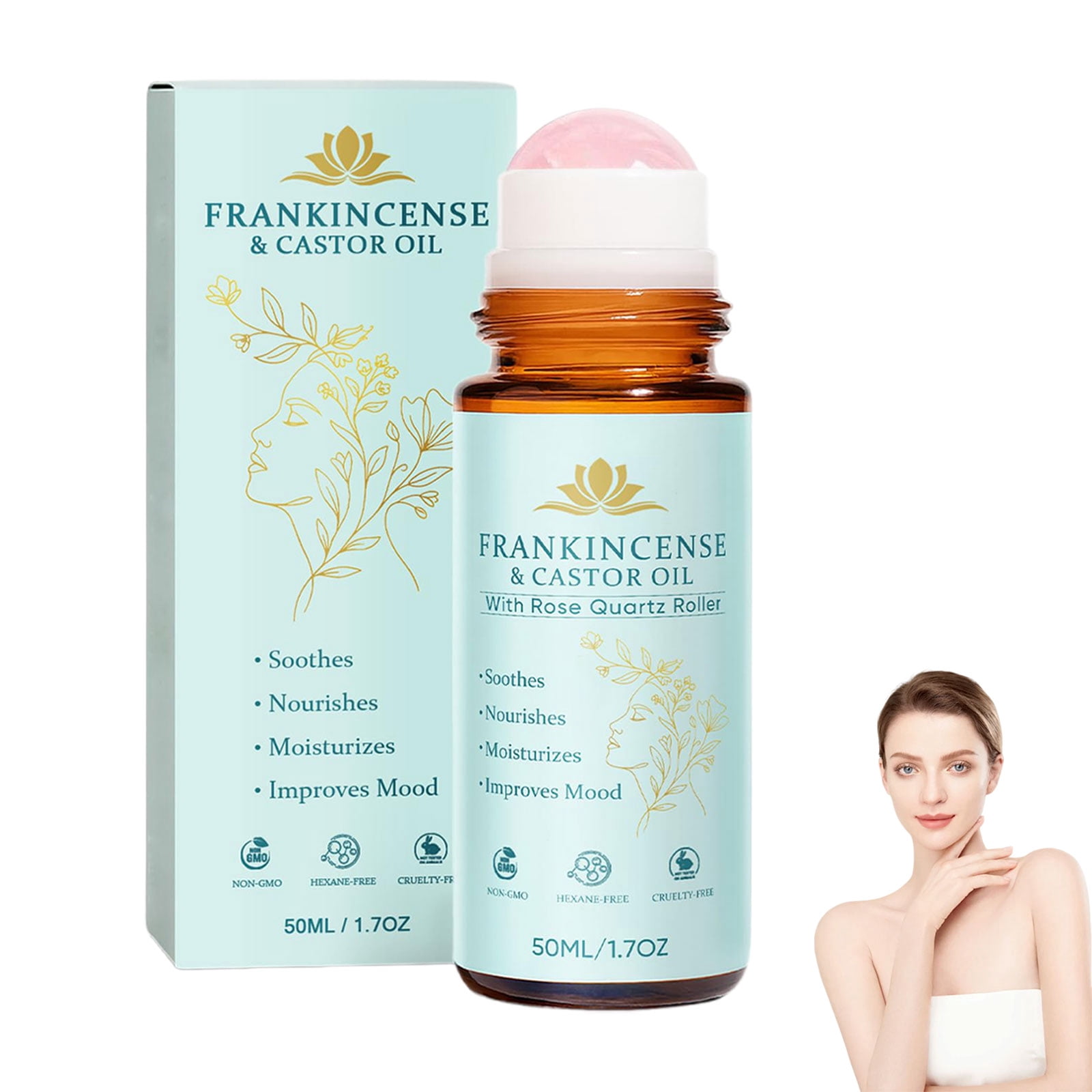 Castor Oil and Frankincense Roll On – Rose Quartz Roller Bottle, Organic Cold Pressed Castor Oil for Eyebrows, Face & Neck – Firms Skin, Feels Soft & Smooth, Brightens Eyes (1PCS)
