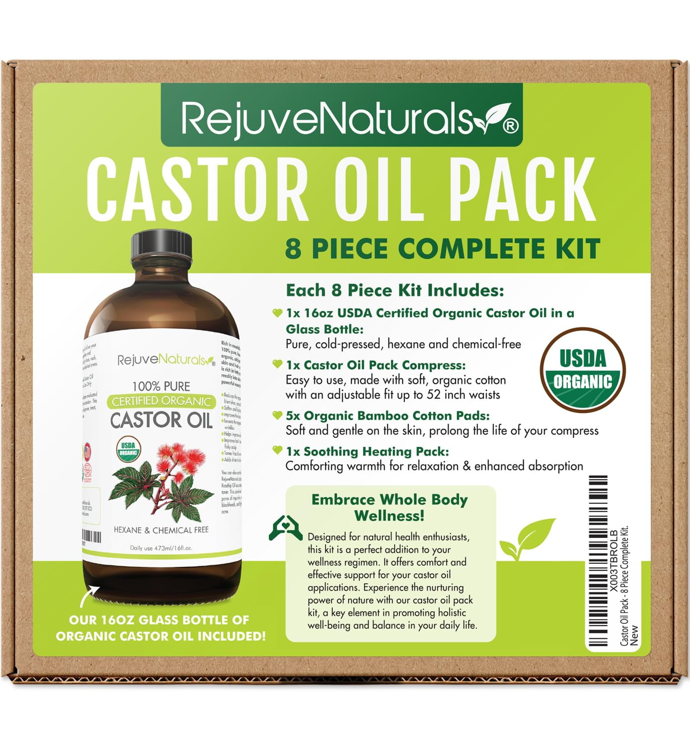 Castor Oil Pack CM31 8 Piece Complete Kit. Includes 16oz Glass Bottle