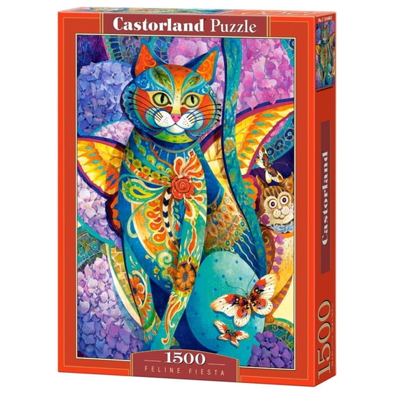 1500 Piece Jigsaw Puzzle, Feline Fiesta, Art. Puzzle, Colorful cat painting, Hydrangeas flowers, Adult Puzzle, Castorland C-151448-2