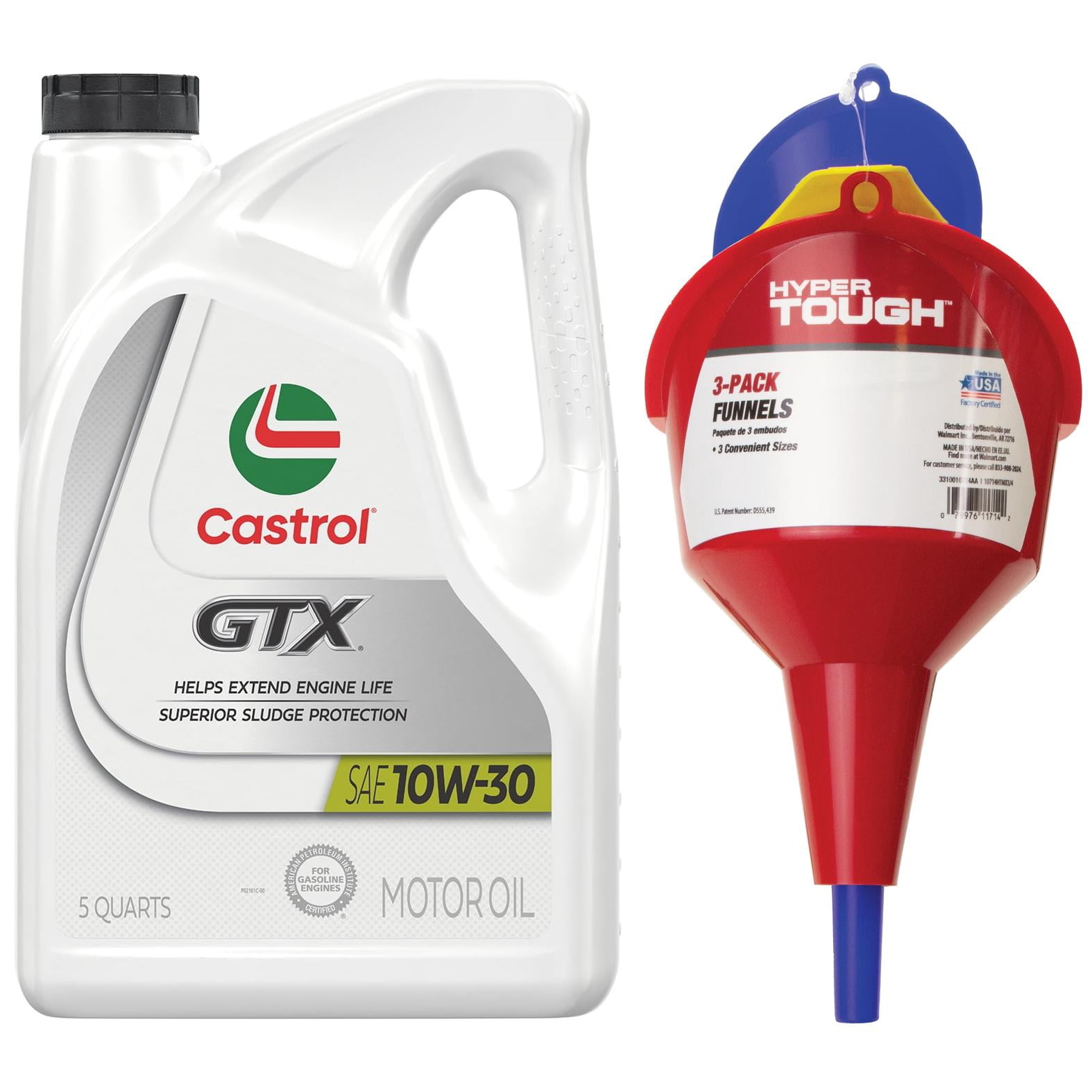 Castrol GTX 10W-30 Motor Oil 5 Quarts with Hyper Tough 3-Piece Funnel Set Bundle